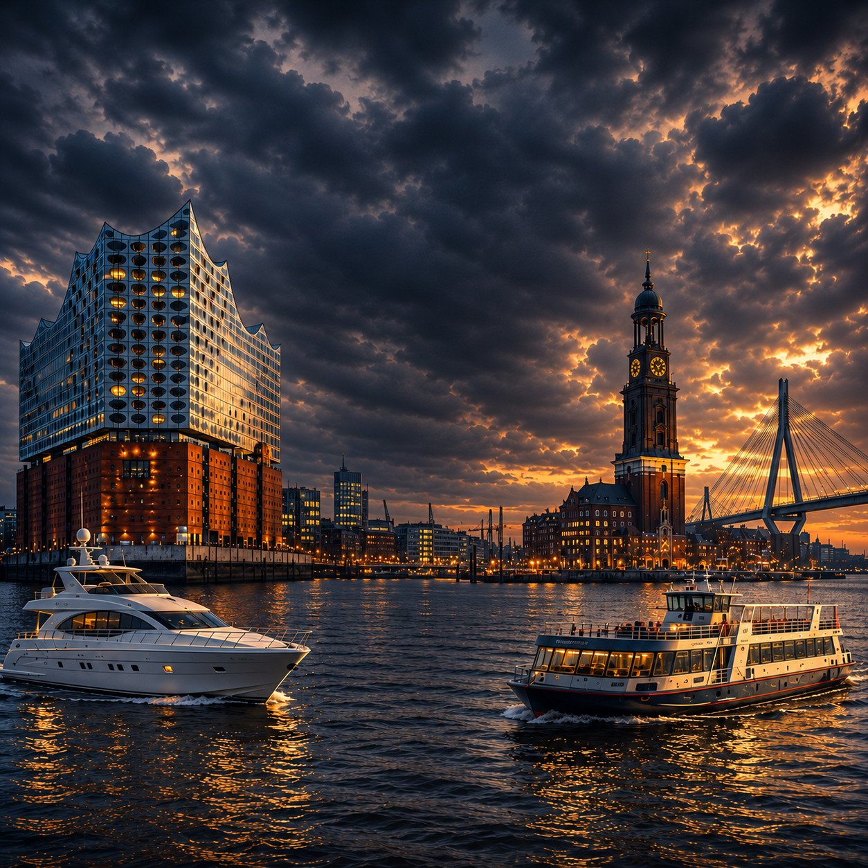 Hamburger Hafenkulisse mit Elbphilharmonie, Michel und Köhlbrandbrücke im Abendlicht